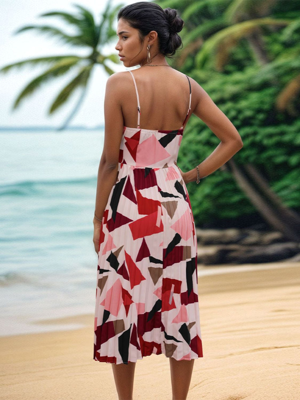 Pleated Geometric Spaghetti Strap Dress-Teresa's Fashionista LLC