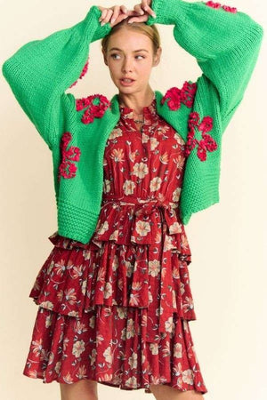 Davi & Dani Floral Applique Open Front Drop Shoulder Cardigan - Teresa's Fashionista LLC