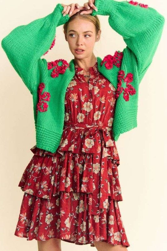 Davi & Dani Floral Applique Open Front Drop Shoulder Cardigan - Teresa's Fashionista LLC