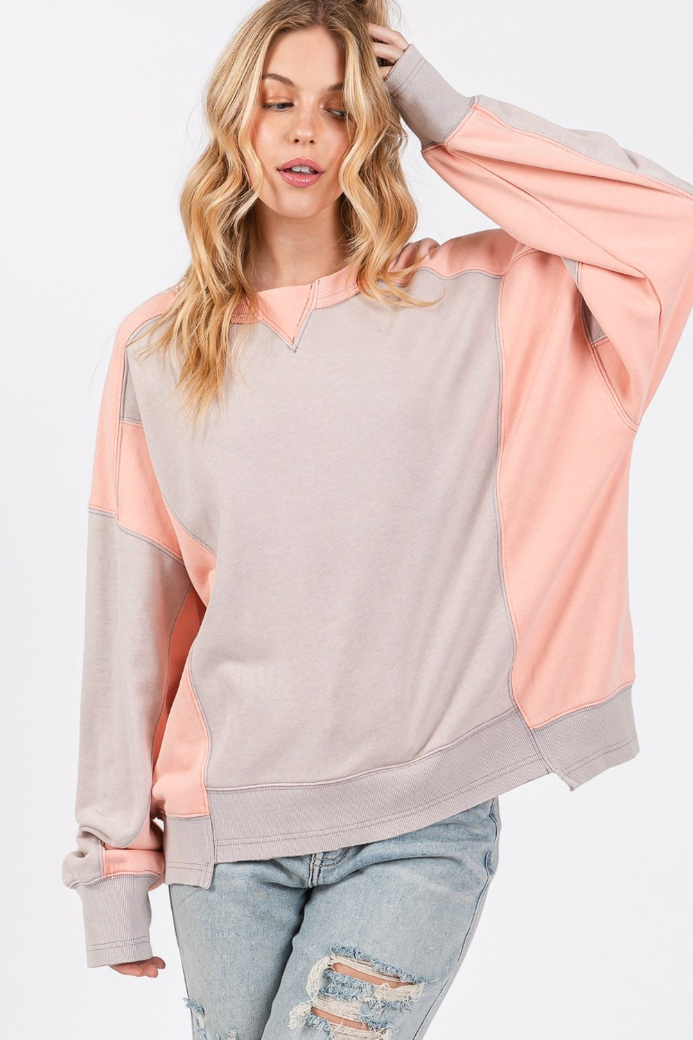 SAGE + FIG Color Block Round Neck Sweatshirt - Teresa's Fashionista LLC