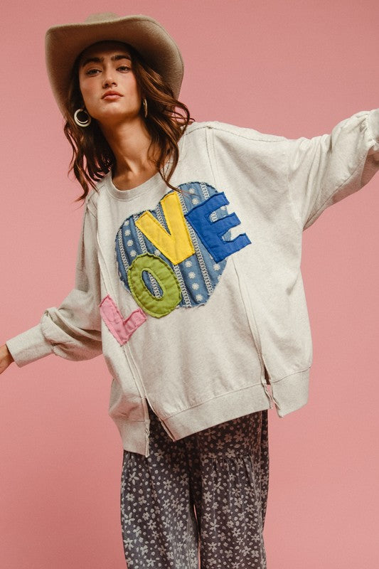 BiBi LOVE Heart Patch Slit French Terry Sweatshirt - Teresa's Fashionista LLC