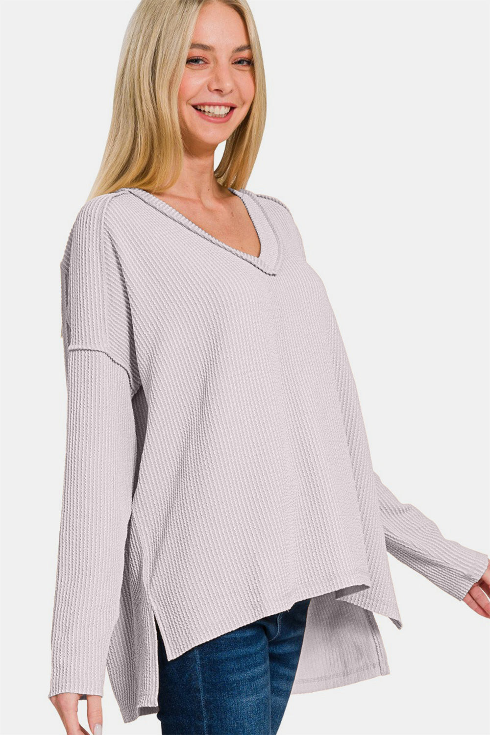 Zenana Texture Exposed Seam V-Neck Long Sleeve T-Shirt - Teresa's Fashionista LLC