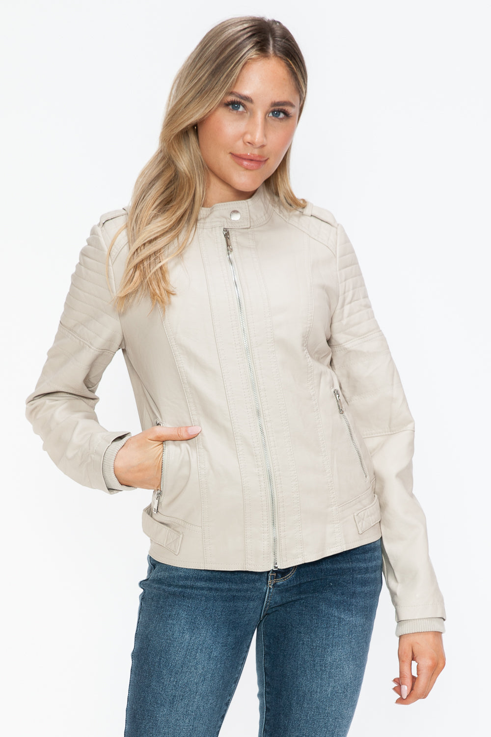 Snobbish PU Leather Biker Jacket with Side Zip Pockets - Teresa's Fashionista LLC