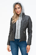 YMI Faux Layered Double-Zipper Jacket with Fuzzy Hood - Teresa's Fashionista LLC