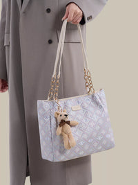 Geometric Pattern Jacquard Shoulder Bag with Detachable Teddy Bear Charm