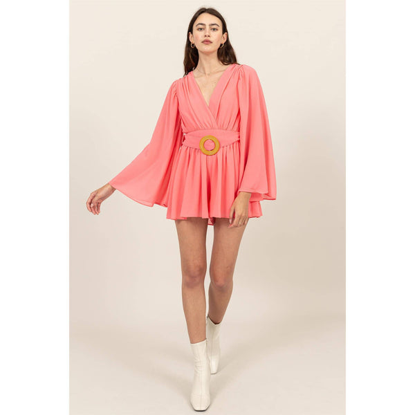 Plunging Neckline Bell Sleeve Romper