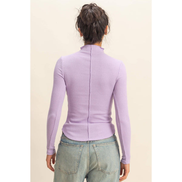 Ribbed High Neck Seam Detail Long Sleeve Top