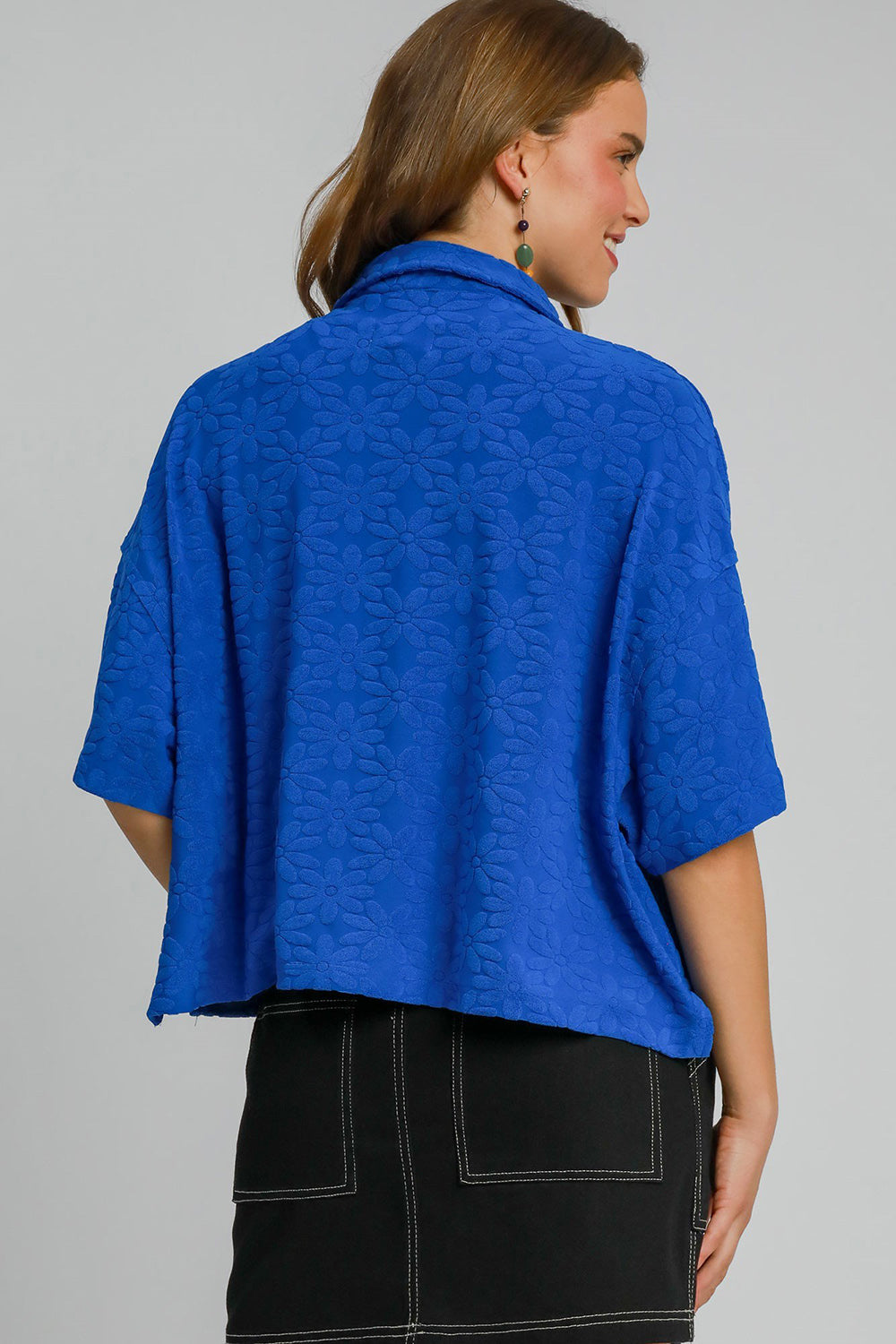 Umgee Floral Johnny Collar Half Sleeve Jacquard Top - Teresa's Fashionista LLC