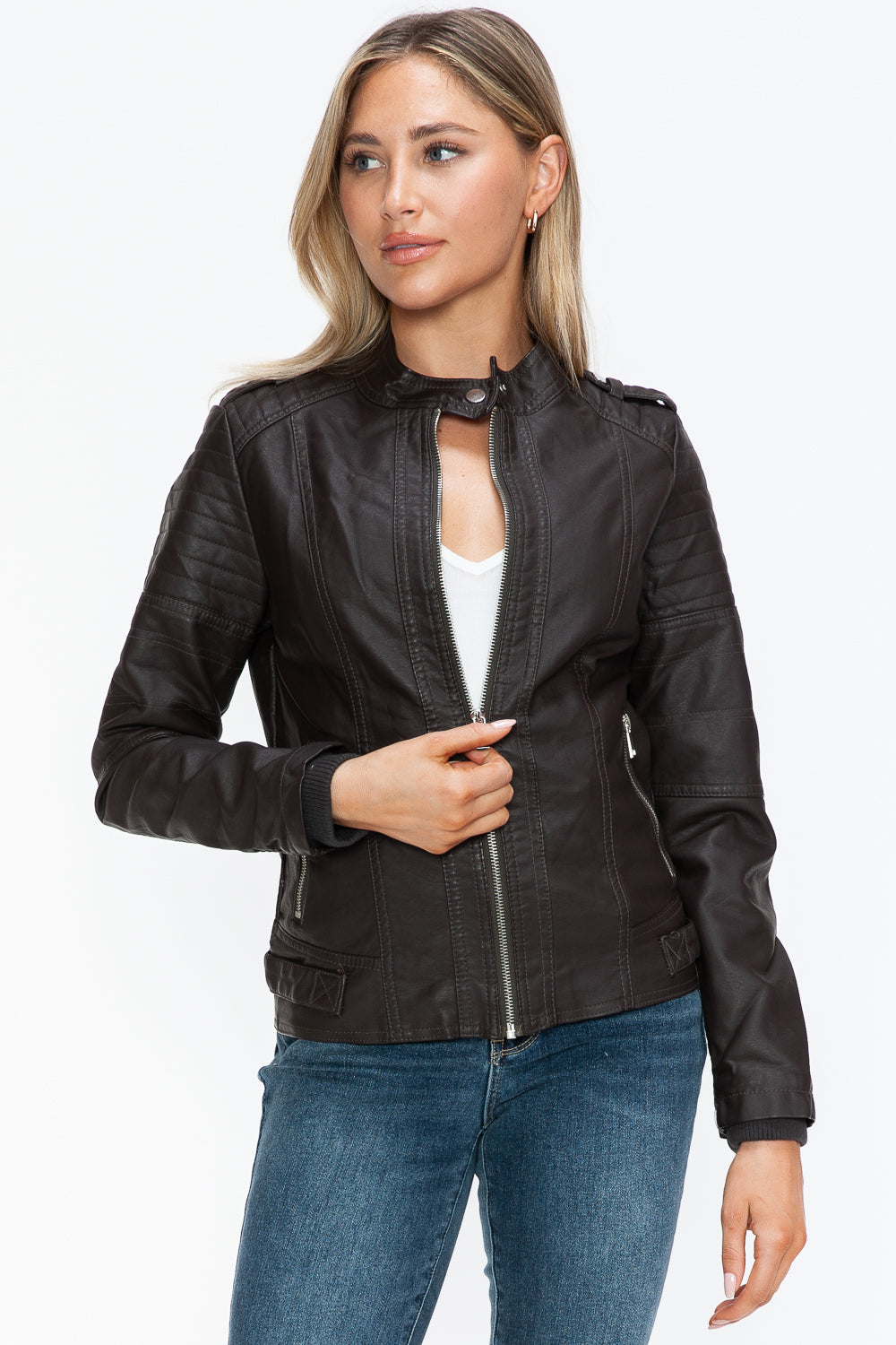 Snobbish PU Leather Biker Jacket with Side Zip Pockets - Teresa's Fashionista LLC