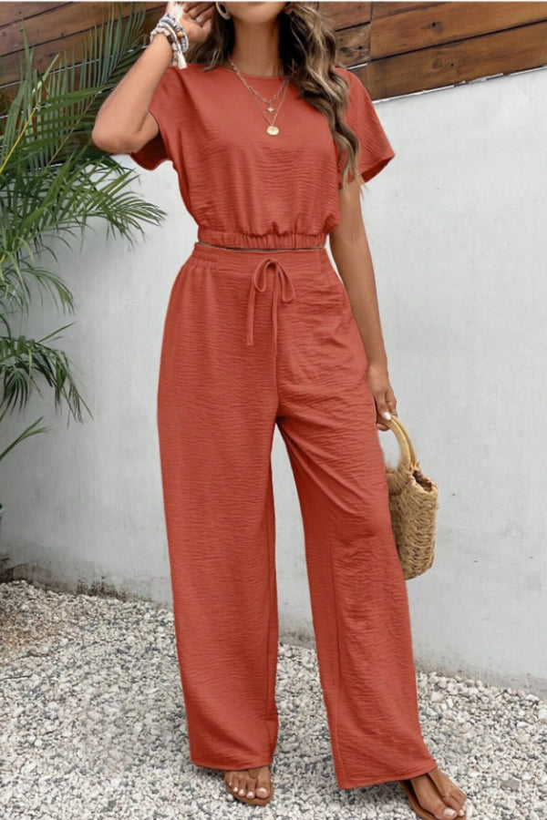 Round Neck Short Sleeve Top and Pants Set-Teresa's Fashionista LLC