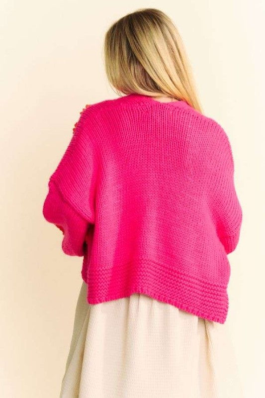 Davi & Dani Floral Applique Open Front Drop Shoulder Cardigan - Teresa's Fashionista LLC