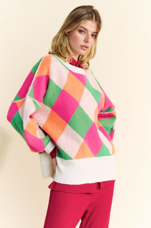 Davi & Dani Exposed Seam Color Block Dropped Shoulder Sweater - Teresa's Fashionista LLC