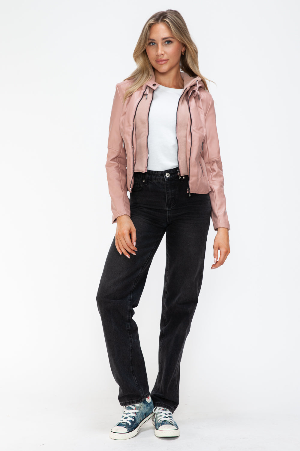 Snobbish Faux Leather Zip Up Drawstring Hooded Jacket - Teresa's Fashionista LLC
