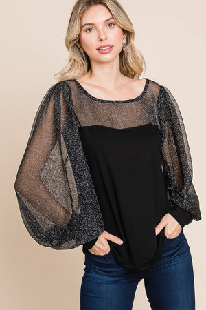 Super Lady Full Size Metallic Mesh Lantern Sleeve Blouse - Teresa's Fashionista LLC