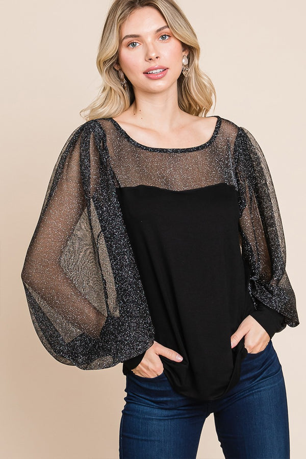 Super Lady Full Size Metallic Mesh Lantern Sleeve Blouse - Teresa's Fashionista LLC
