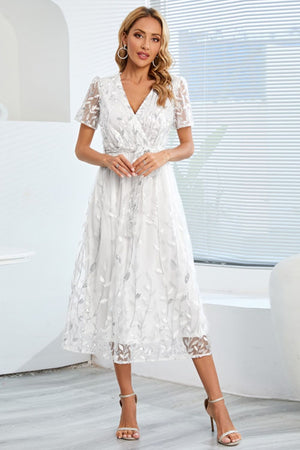 Sequin Leaf Embroidery Tie Front Short Sleeve Dress-Teresa's Fashionista LLC