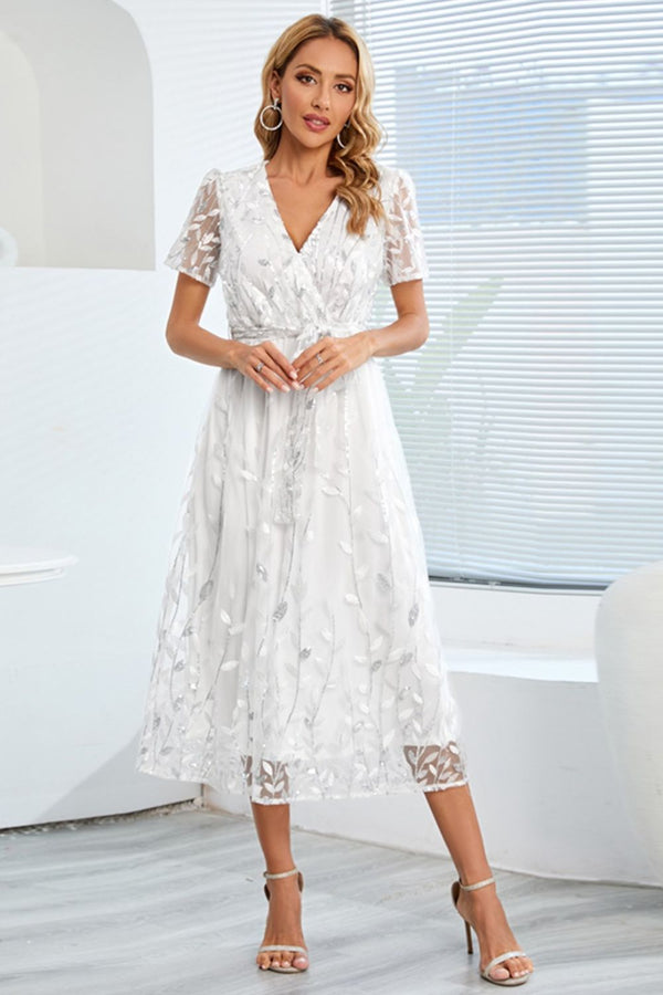 Sequin Leaf Embroidery Tie Front Short Sleeve Dress-Teresa's Fashionista LLC
