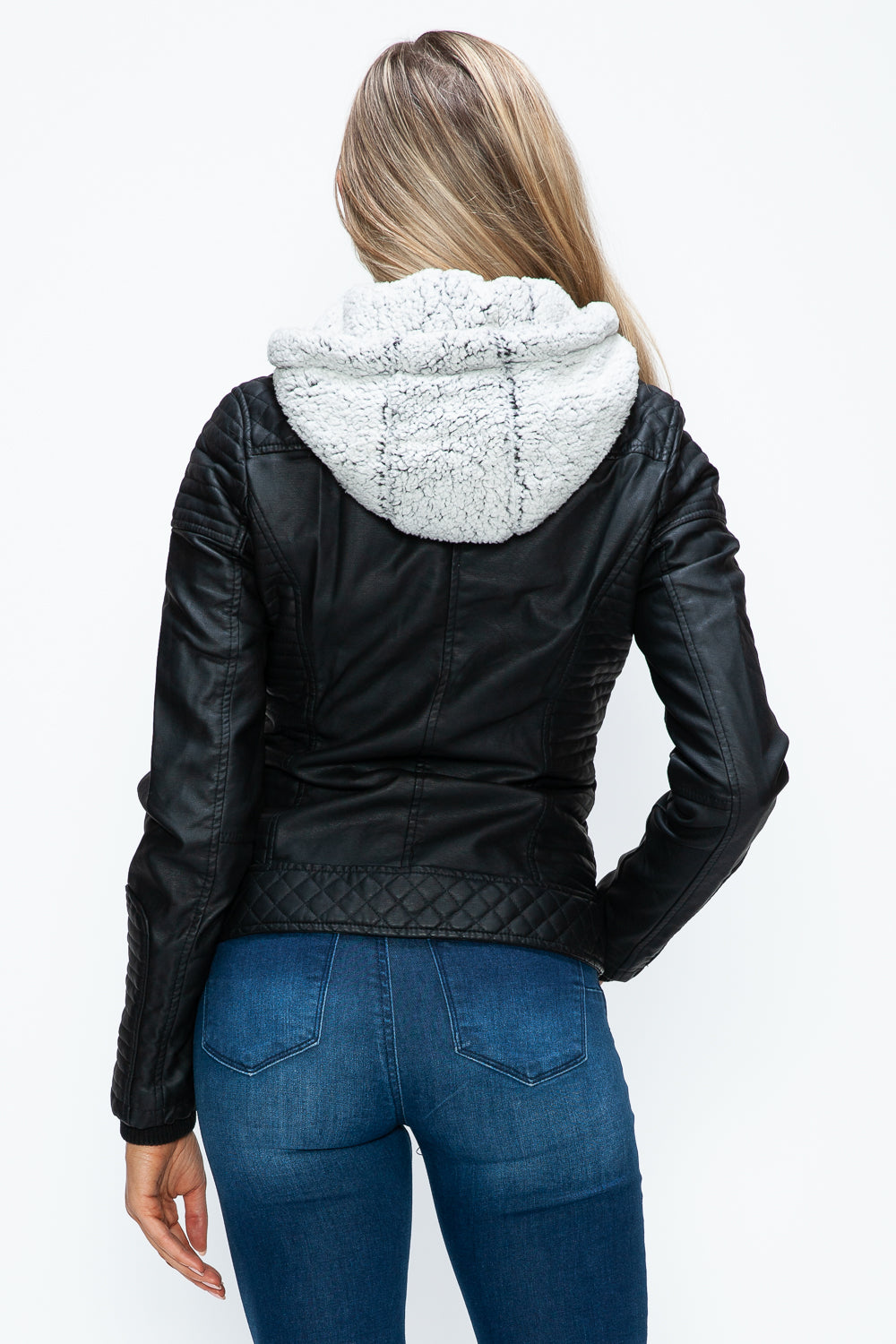 YMI Faux Layered Double-Zipper Jacket with Fuzzy Hood - Teresa's Fashionista LLC