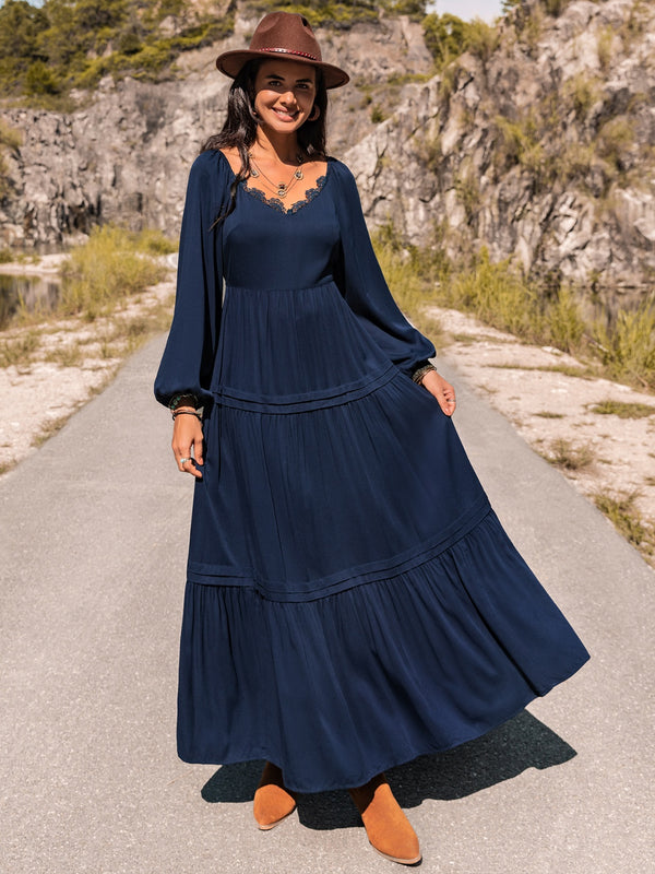 Long Sleeve Lace Trim Maxi Dress-Teresa's Fashionista LLC