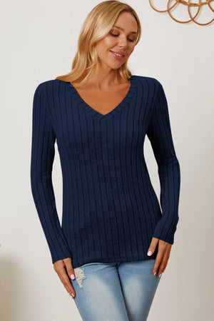 Basic Bae Full Size Ribbed V-Neck Long Sleeve T-Shirt-Teresa's Fashionista LLC