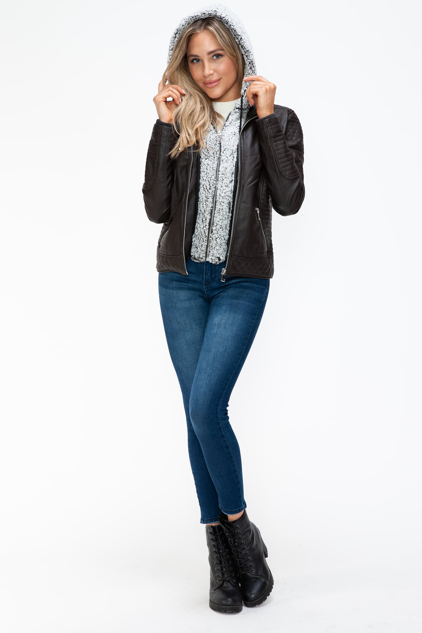 YMI Faux Layered Double-Zipper Jacket with Fuzzy Hood - Teresa's Fashionista LLC