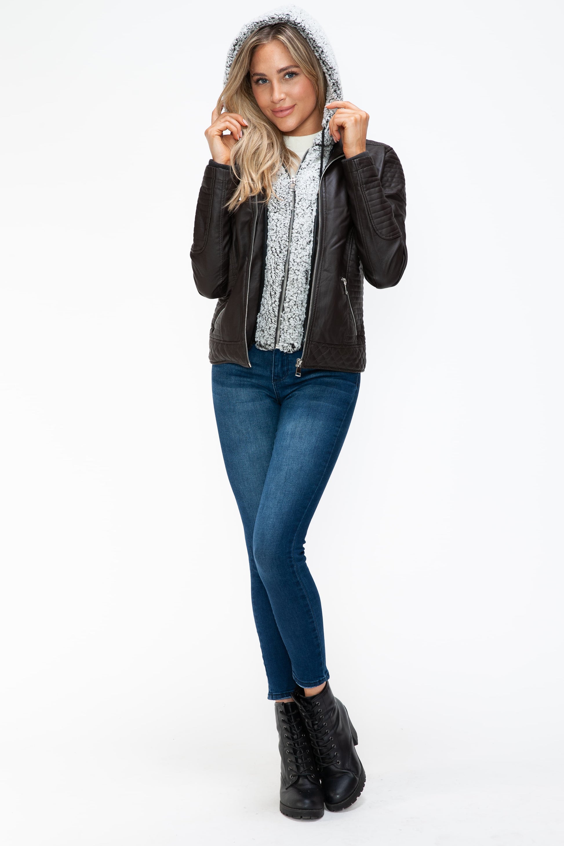 YMI Faux Layered Double-Zipper Jacket with Fuzzy Hood - Teresa's Fashionista LLC
