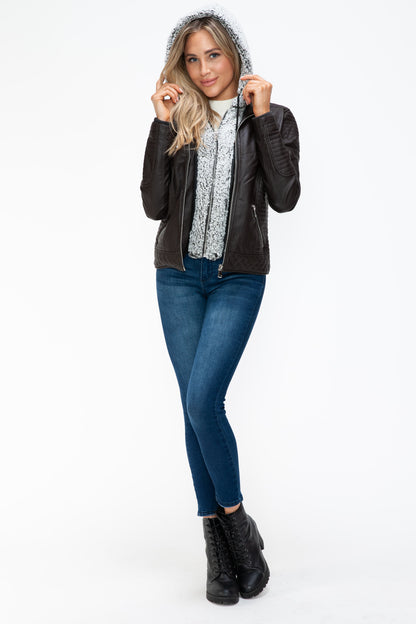 YMI Faux Layered Double-Zipper Jacket with Fuzzy Hood - Teresa's Fashionista LLC