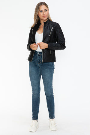 Snobbish Faux Leather Zip Up Mock Neck Jacket - Teresa's Fashionista LLC