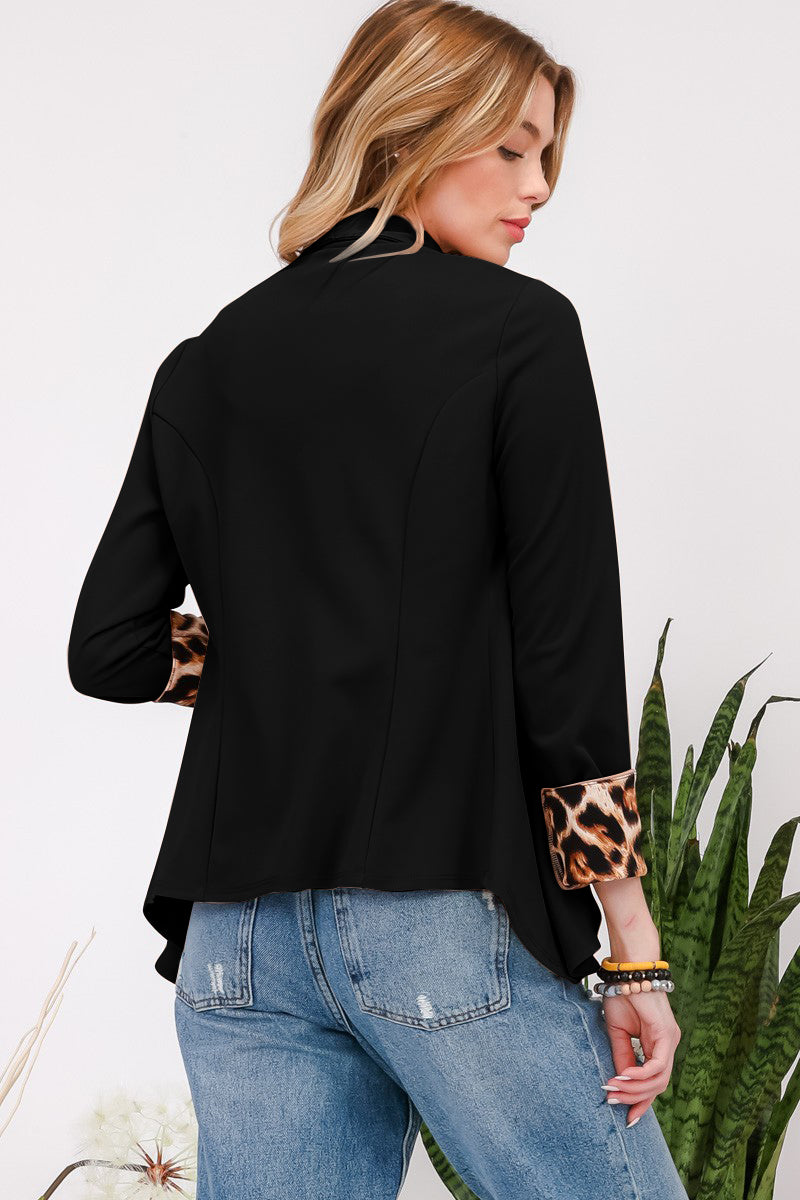 Celeste Full Size Rolled Leopard Cuff Open Front Blazer - Teresa's Fashionista LLC