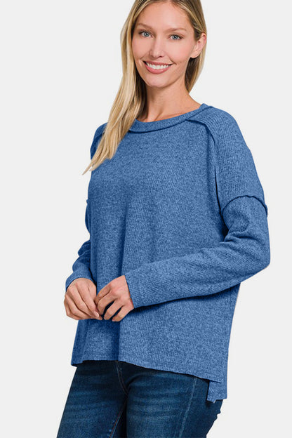 Zenana Full Size Exposed Seam Brushed Round Neck Sweater - Teresa's Fashionista LLC