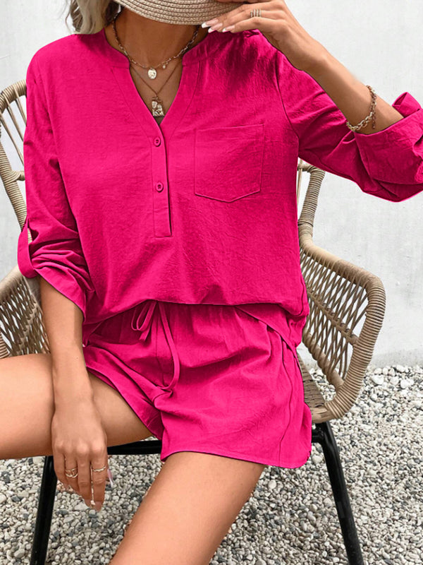 Notched Long Sleeve Top and Shorts Set-Teresa's Fashionista LLC