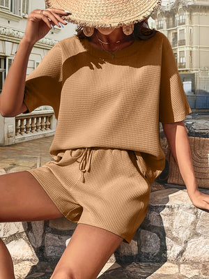 Waffle-Knit Half Sleeve Top and Shorts Set-Teresa's Fashionista LLC