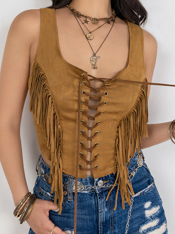 Fringe Lace-Up Vest-Teresa's Fashionista LLC