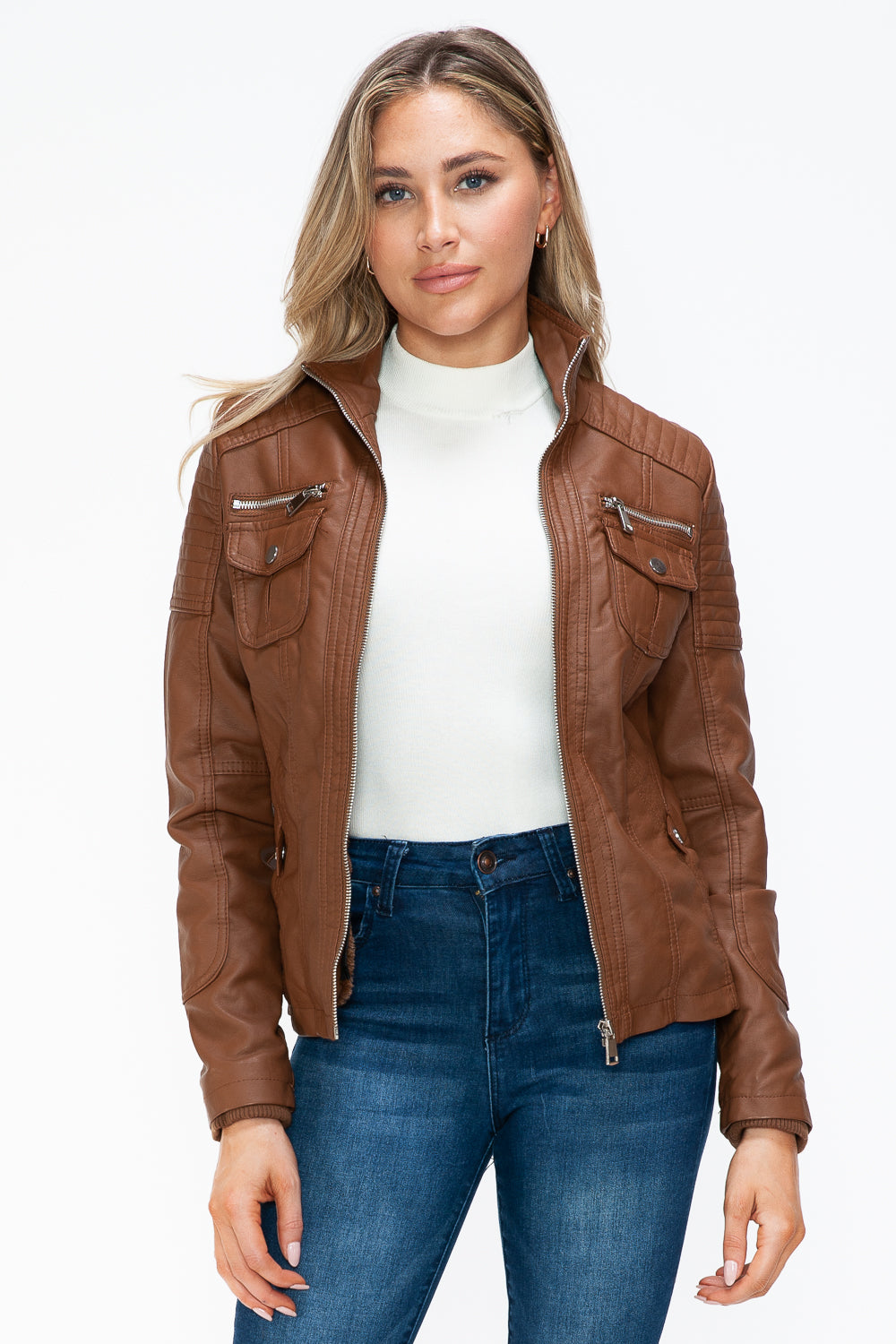YMI Removable Faux Layered Multi-Pocket Jacket with Fuzzy Hood - Teresa's Fashionista LLC