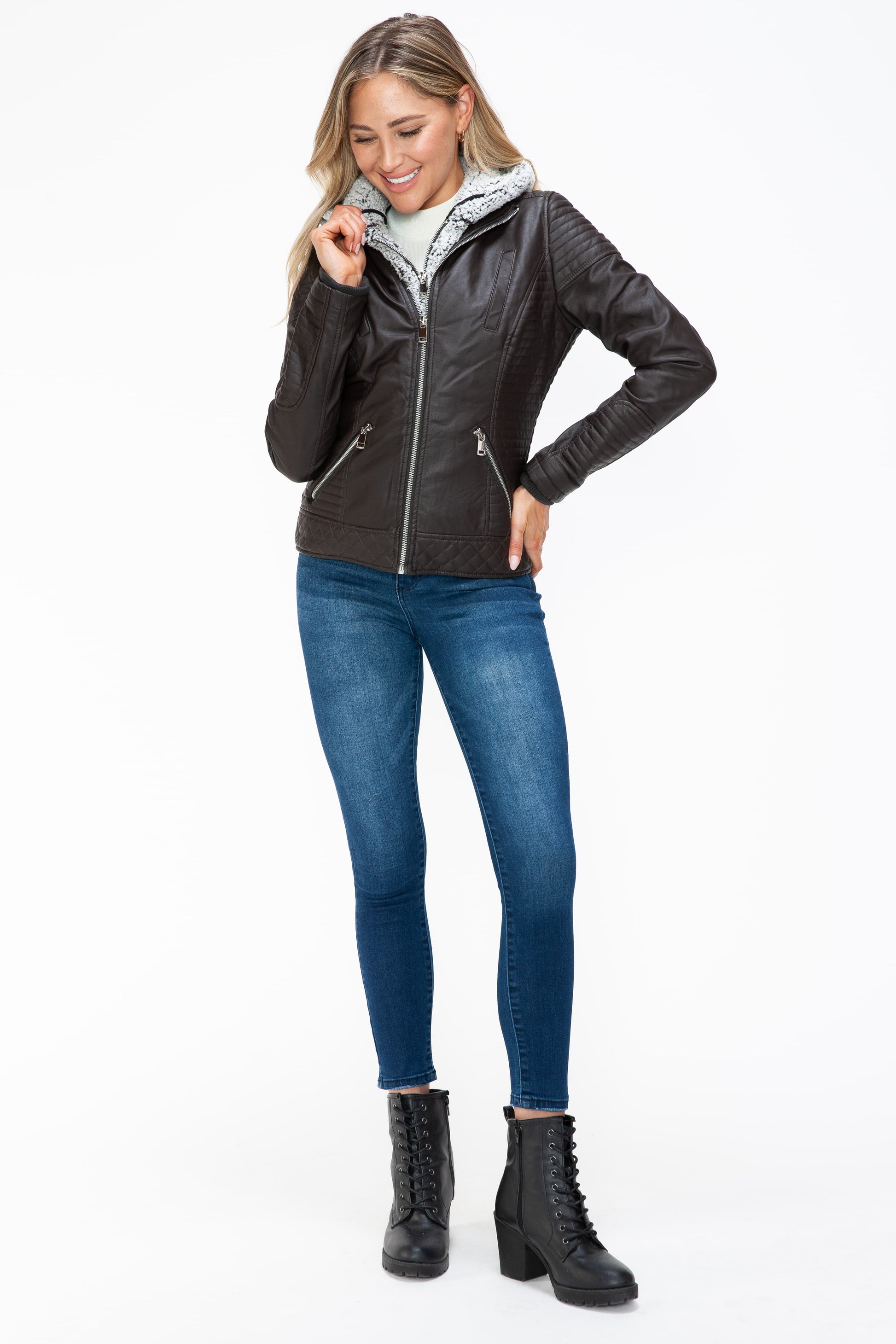 YMI Faux Layered Double-Zipper Jacket with Fuzzy Hood - Teresa's Fashionista LLC