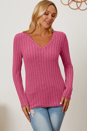 Basic Bae Full Size Ribbed V-Neck Long Sleeve T-Shirt-Teresa's Fashionista LLC