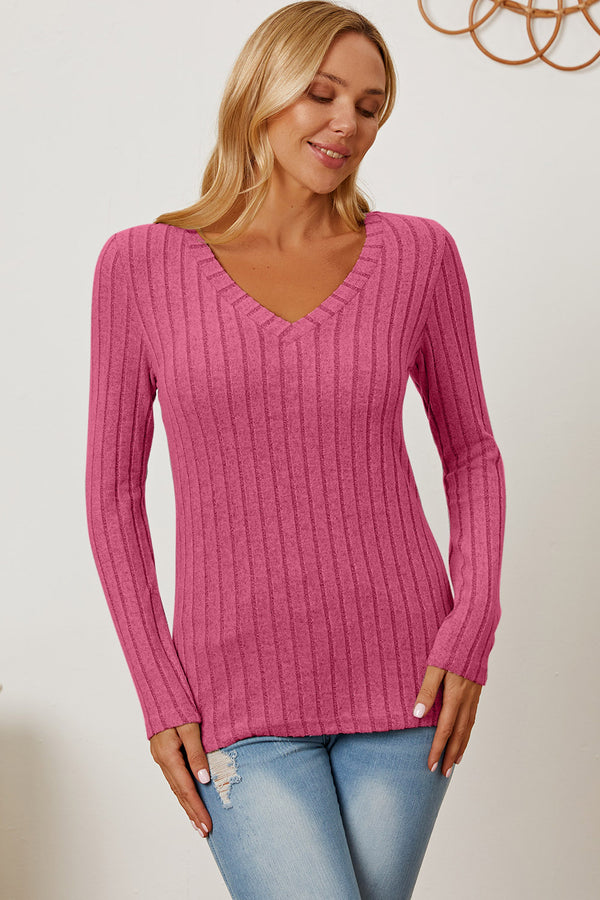 Basic Bae Full Size Ribbed V-Neck Long Sleeve T-Shirt-Teresa's Fashionista LLC