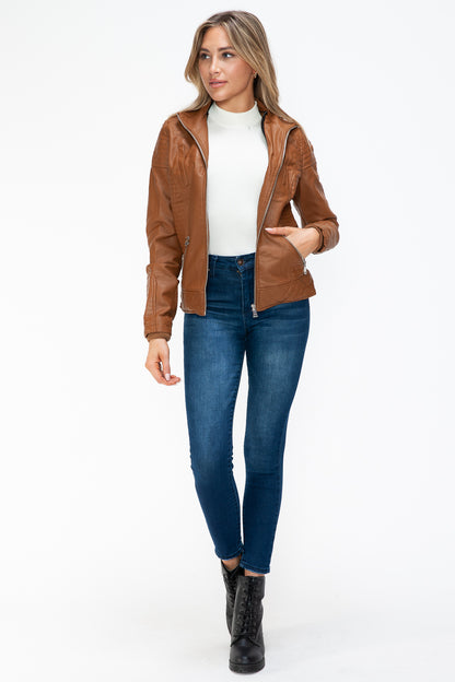 YMI Faux Layered Double-Zipper Jacket with Fuzzy Hood - Teresa's Fashionista LLC