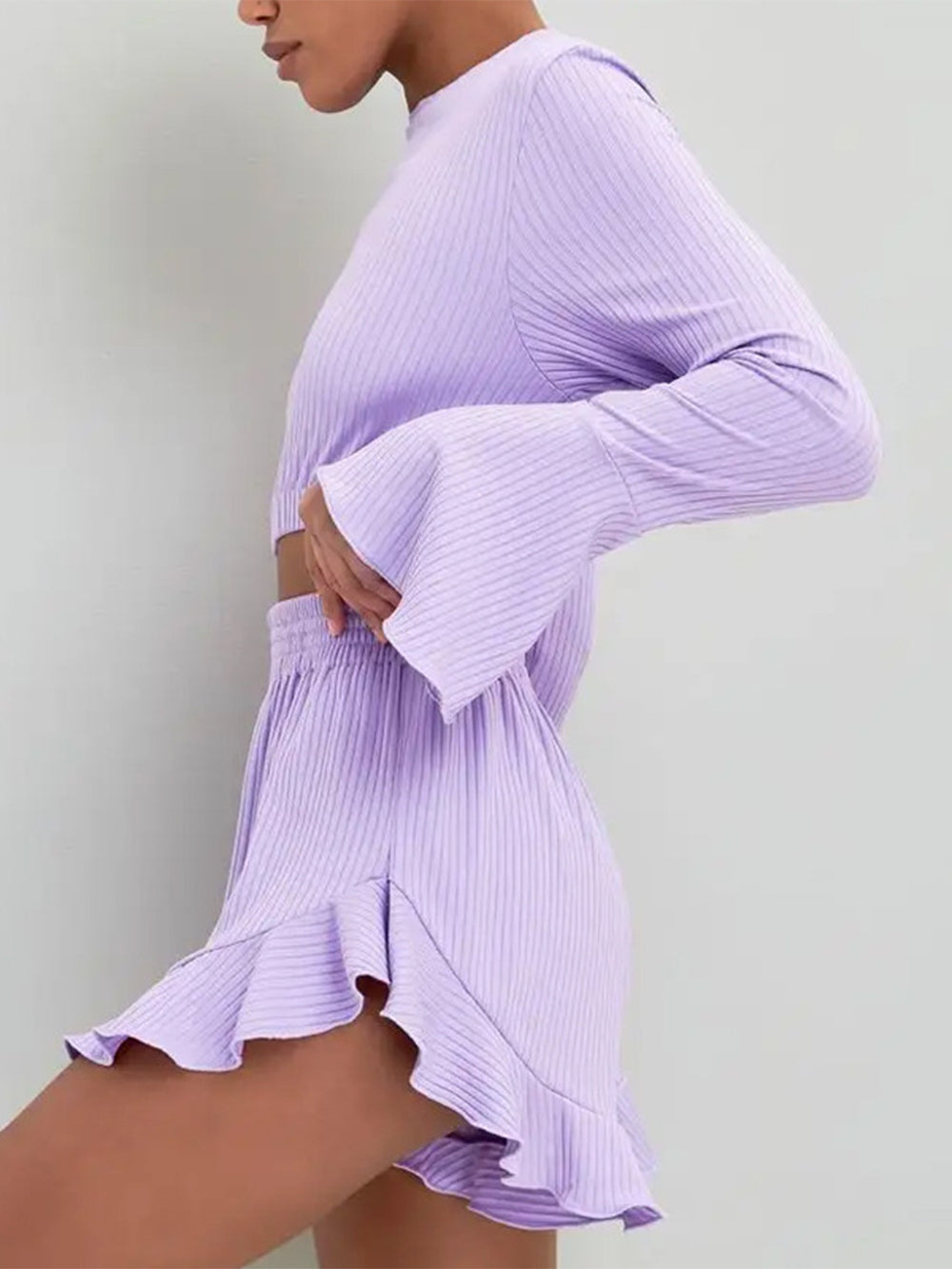 Round Neck Long Sleeve Top and Ruffled Shorts Set-Teresa's Fashionista LLC