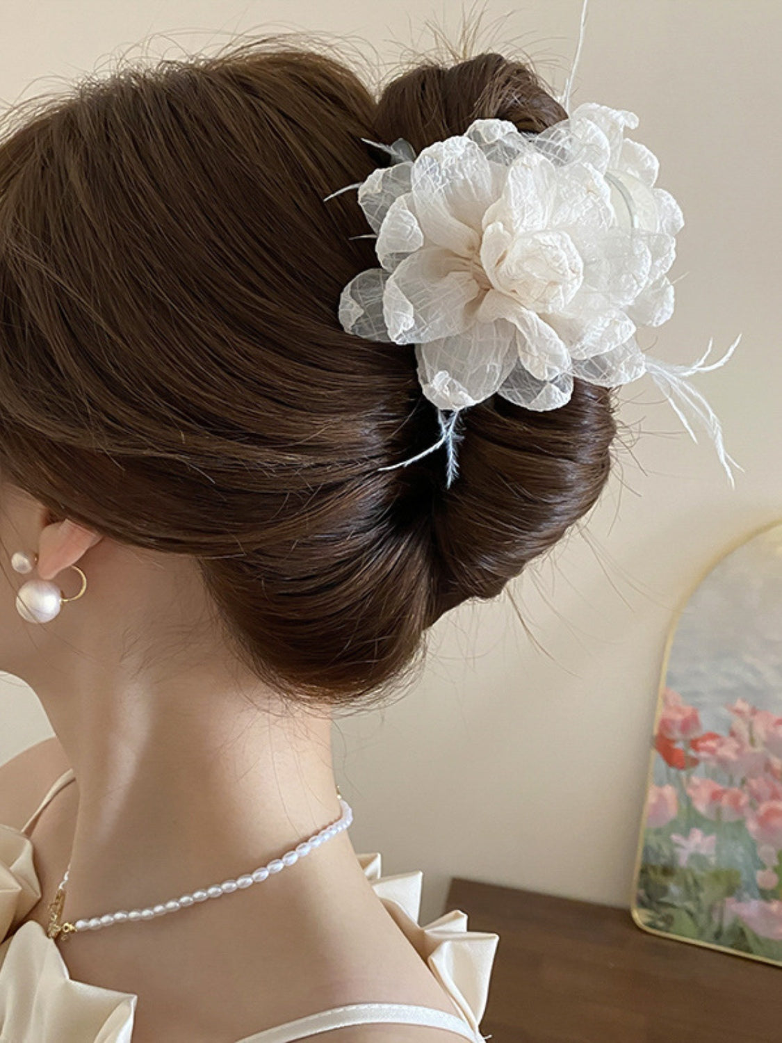 Feather Trim Flower Shape Hair Claw Clip - Teresa's Fashionista LLC
