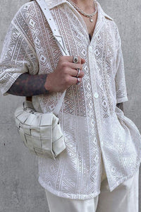 Men's Full Size Lace Half Sleeve Button Down Shirt Plus Size