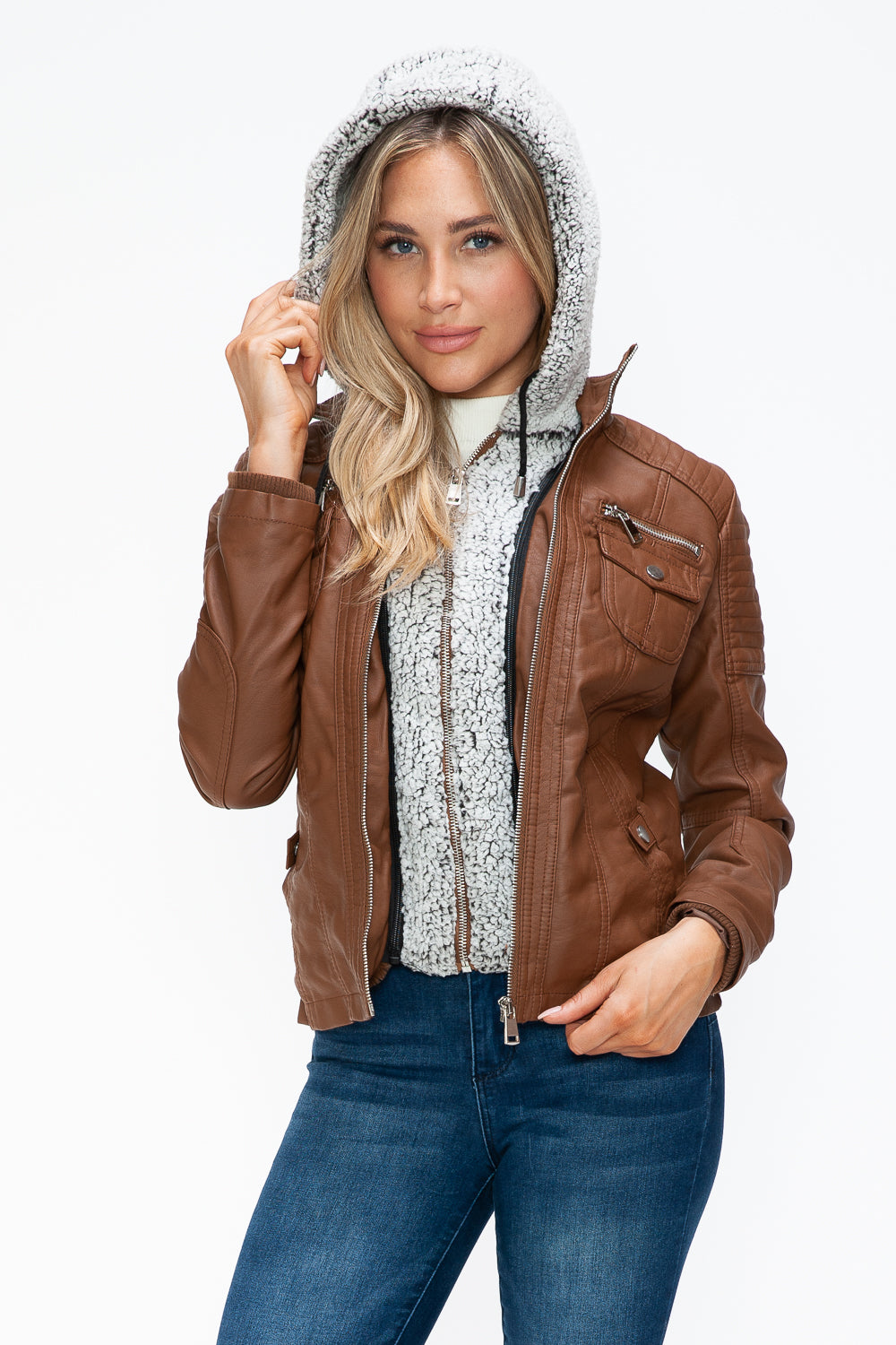 YMI Removable Faux Layered Multi-Pocket Jacket with Fuzzy Hood - Teresa's Fashionista LLC