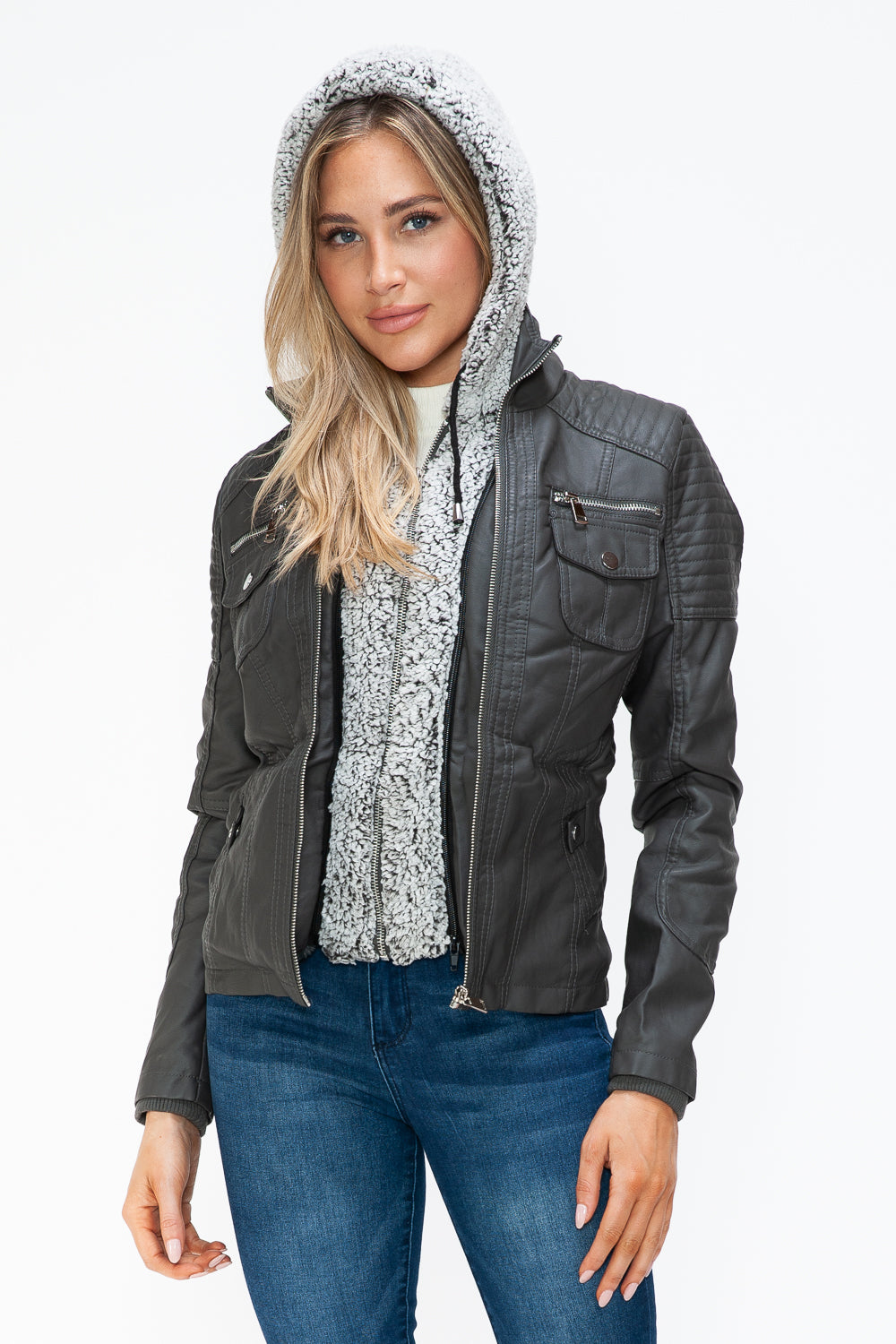 YMI Removable Faux Layered Multi-Pocket Jacket with Fuzzy Hood - Teresa's Fashionista LLC