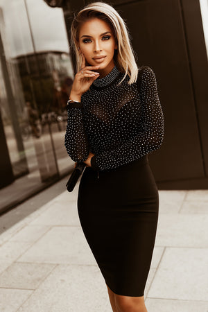 Rhinestone Mock Neck Long Sleeve Dress-Teresa's Fashionista LLC