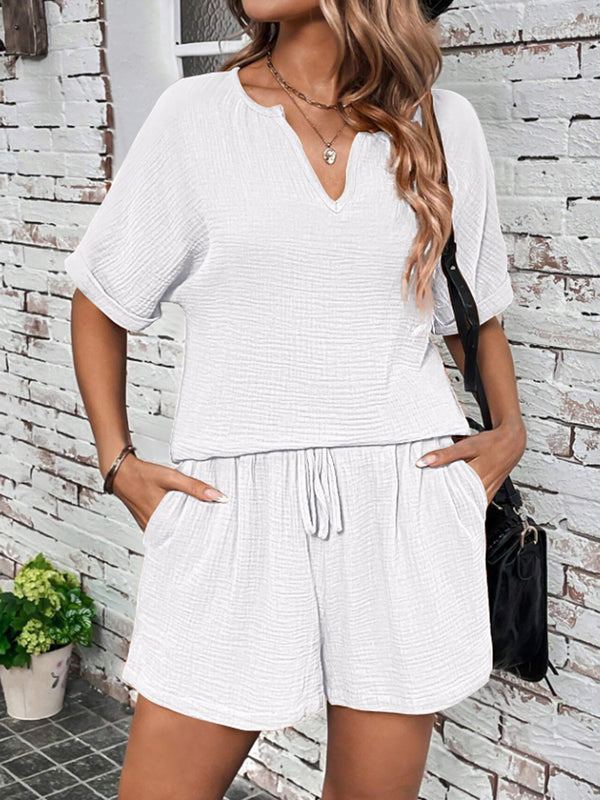 Notched Half Sleeve Top and Shorts Set-Teresa's Fashionista LLC