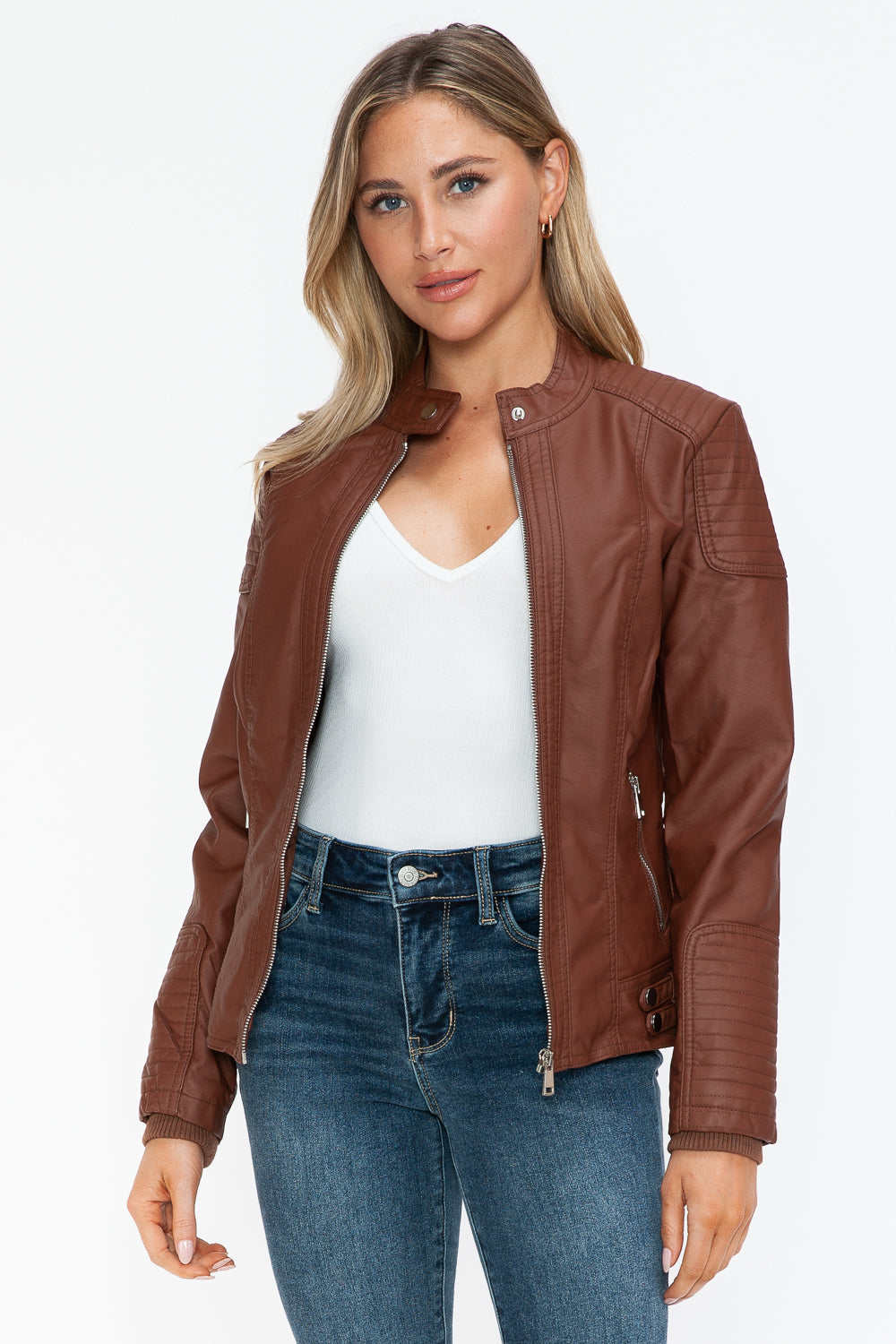 Snobbish Faux Leather Biker Jacket with Side Zip Pockets - Teresa's Fashionista LLC