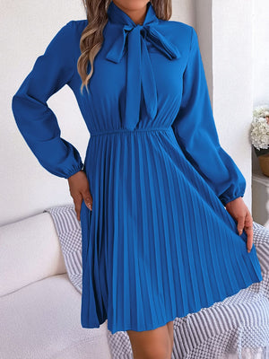 Tie Neck Balloon Sleeve Pleated Dress-Teresa's Fashionista LLC