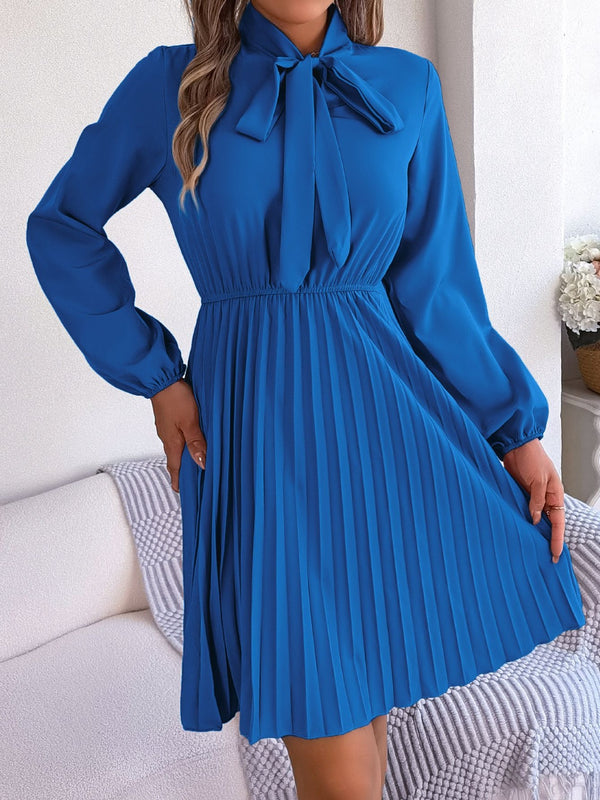 Tie Neck Balloon Sleeve Pleated Dress-Teresa's Fashionista LLC