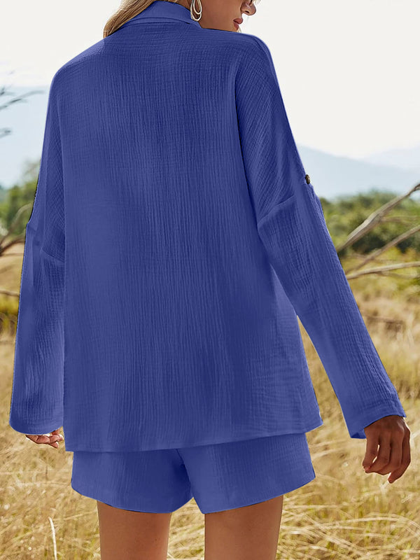 Texture Button Up Shirt and Shorts Set-Teresa's Fashionista LLC