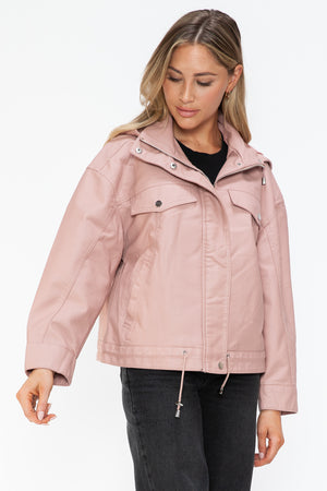 How Dare U Drawstring Hem PU Leather Zip Up Jacket - Teresa's Fashionista LLC